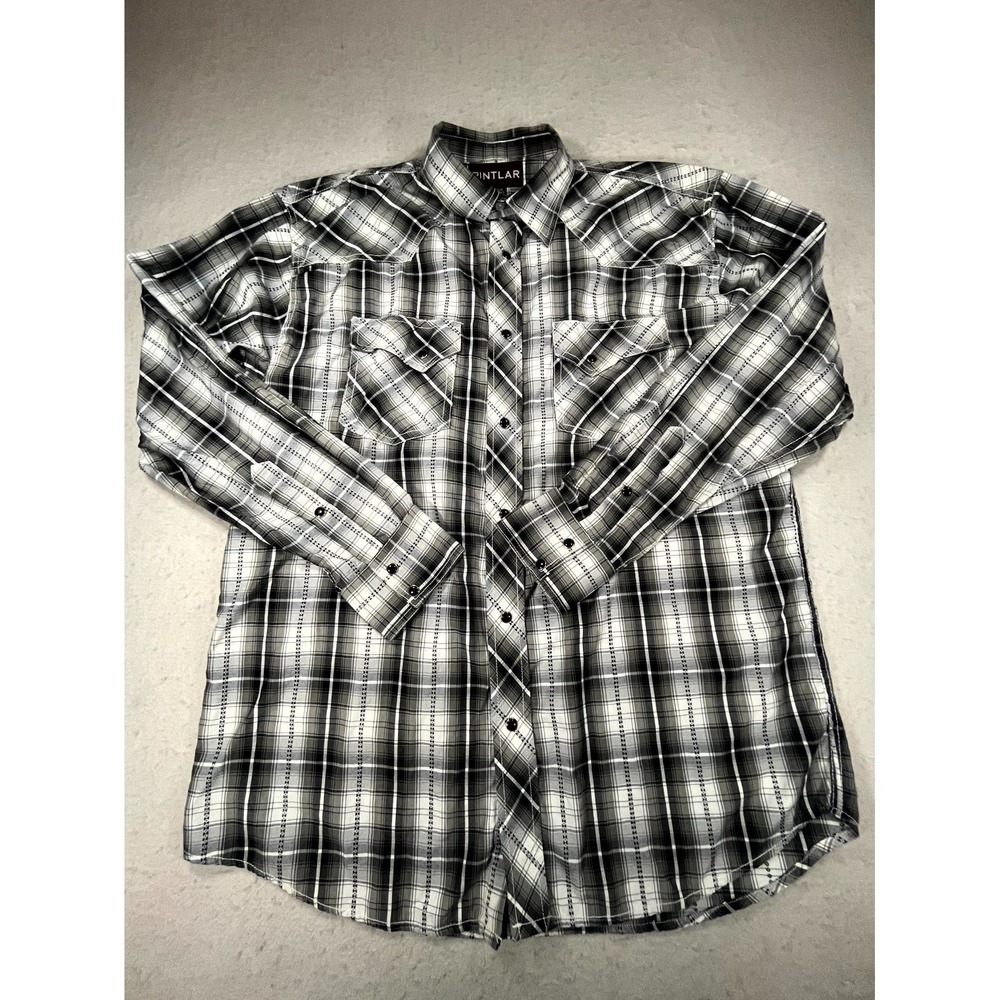 Pintlar Western Shirt Mens Large Black‎ Gray Plaid Cowboy Curved Hem Pearl Snap